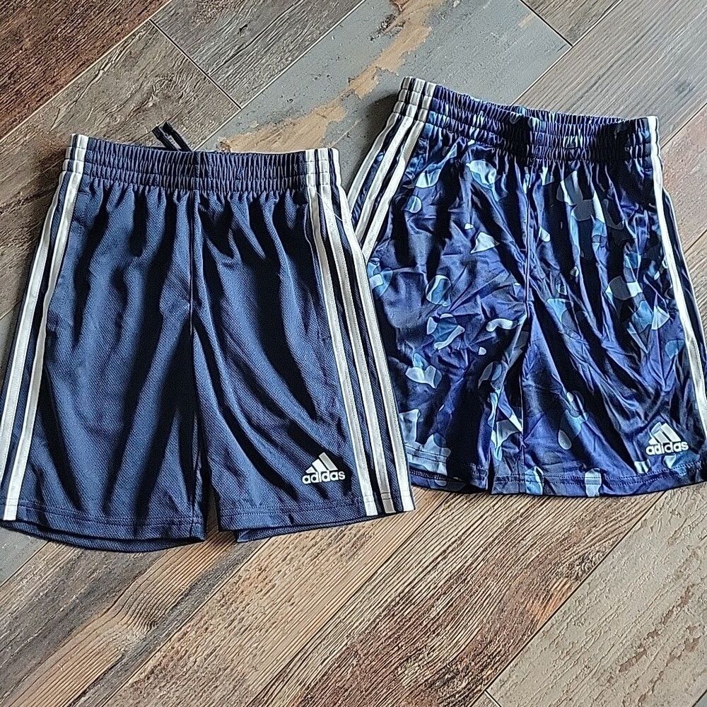 2 Pair Adidas Shorts Boys Navy/Wht Bl Camo Striped Football Soccer SZ 8 NWOT B14